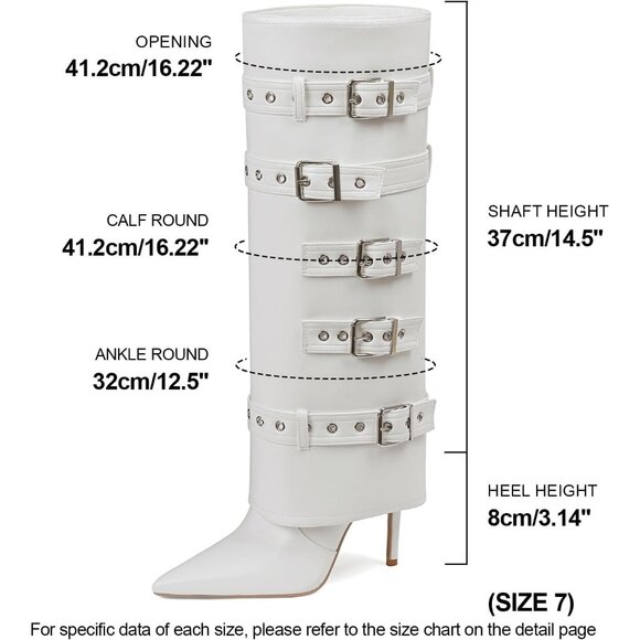 Women's Fold Over Long Tall Leather Buckle Shark Knee High Zipper White Boots - Picture 4 of 6